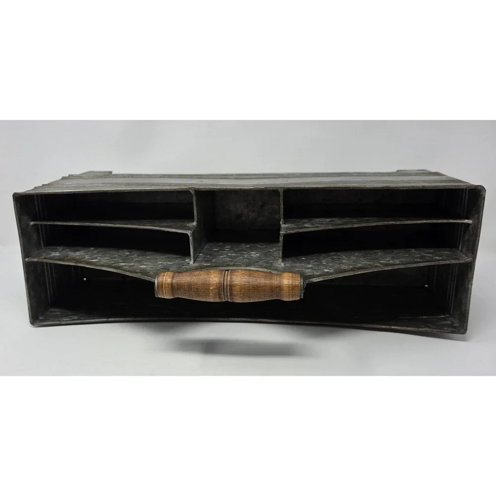 Galvanized Metal Caddy Organizer Wood Handle Farmhouse Divided Tool Box Tray